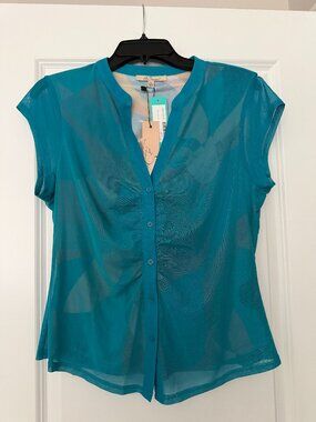 Turquoise blouse with geometric design underlayer, Size L